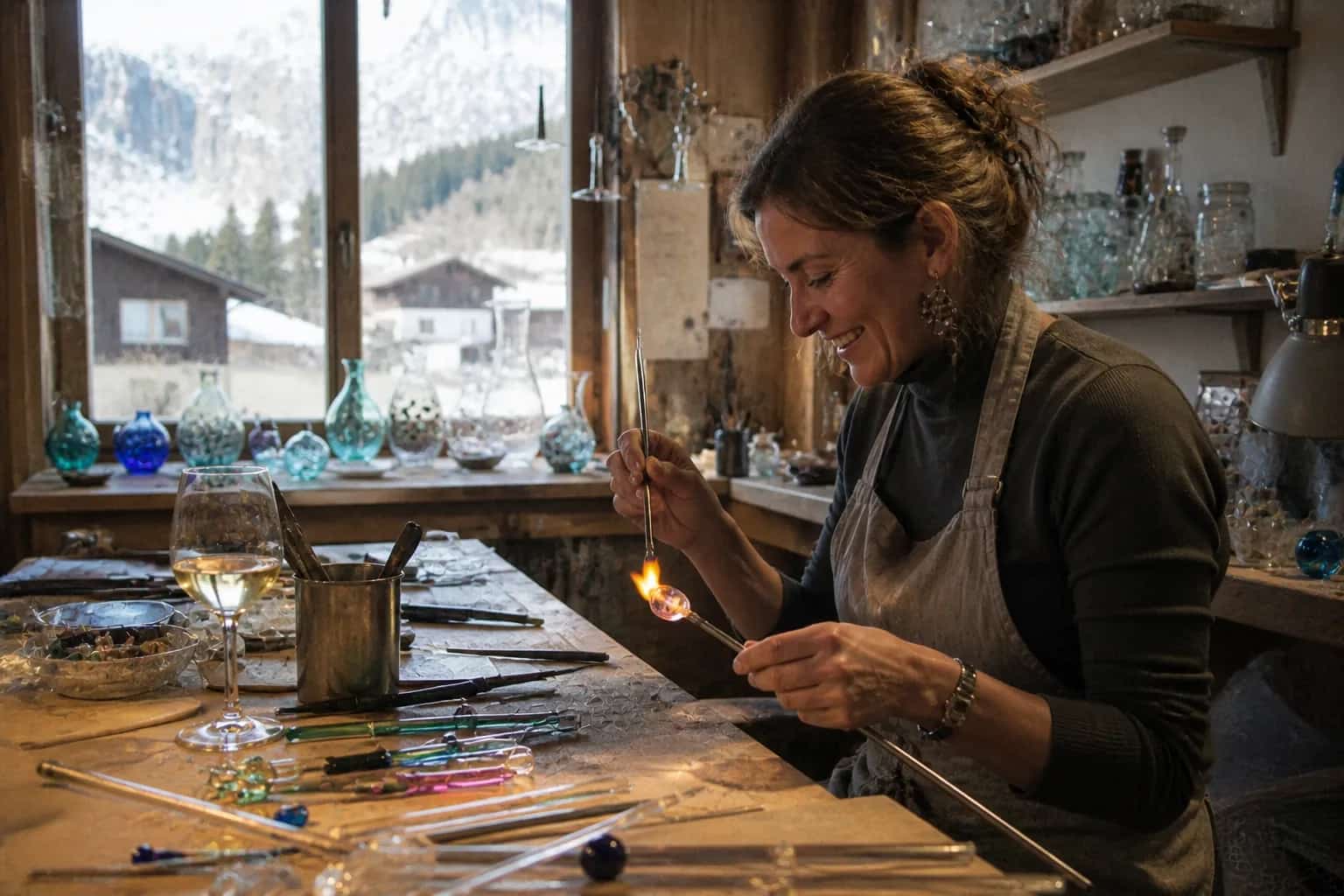 An artisan shaping coloured glass over a flame in a mountain workshop, the snowy valley in the window