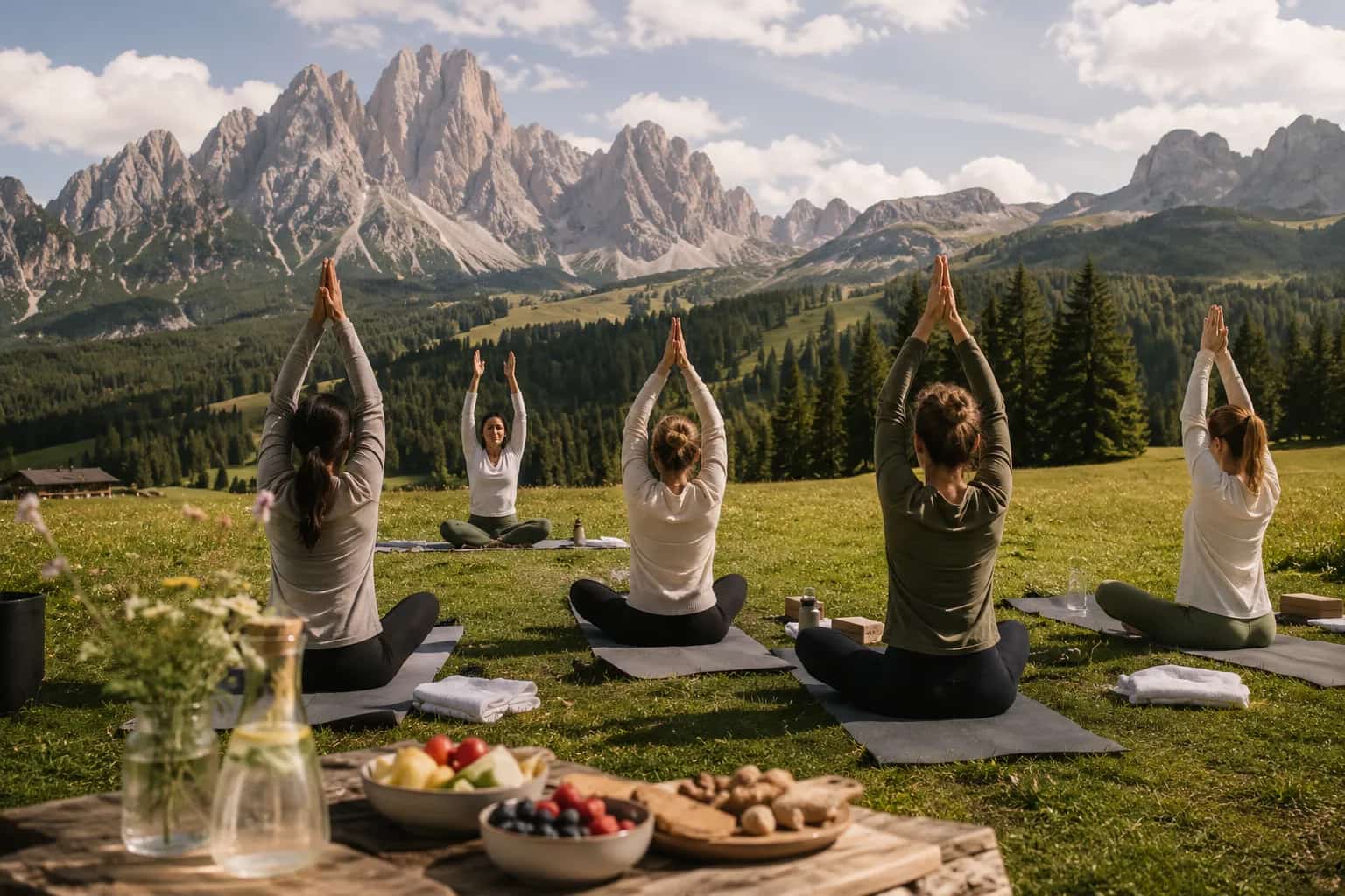 A private group yoga session on mats in an alpine meadow beneath the Dolomites