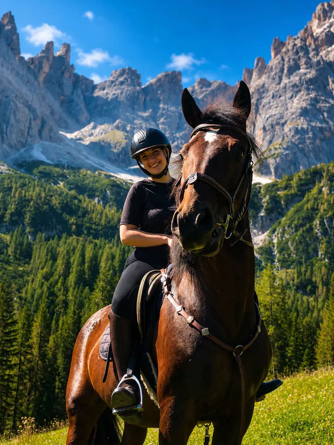 A rider on horseback below the Dolomite peaks