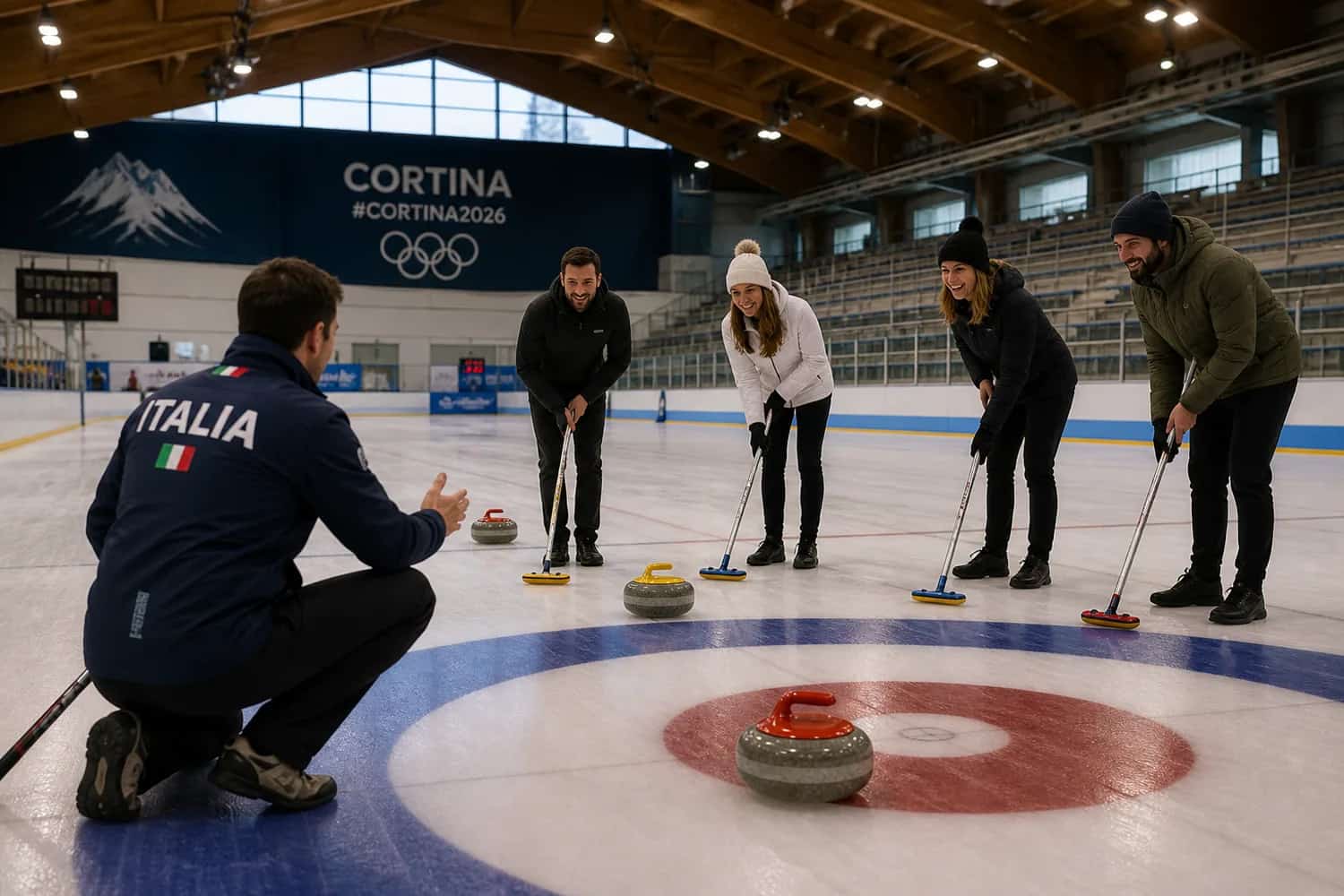 Guests learning curling on the ice of the Olympic stadium in Cortina d’Ampezzo, coached by an instructor in an Italia jacket